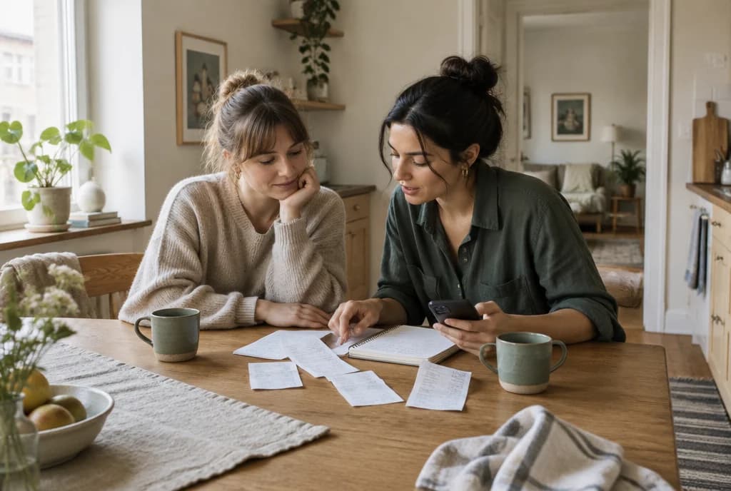 Two roommates reviewing grocery receipts together at their kitchen table